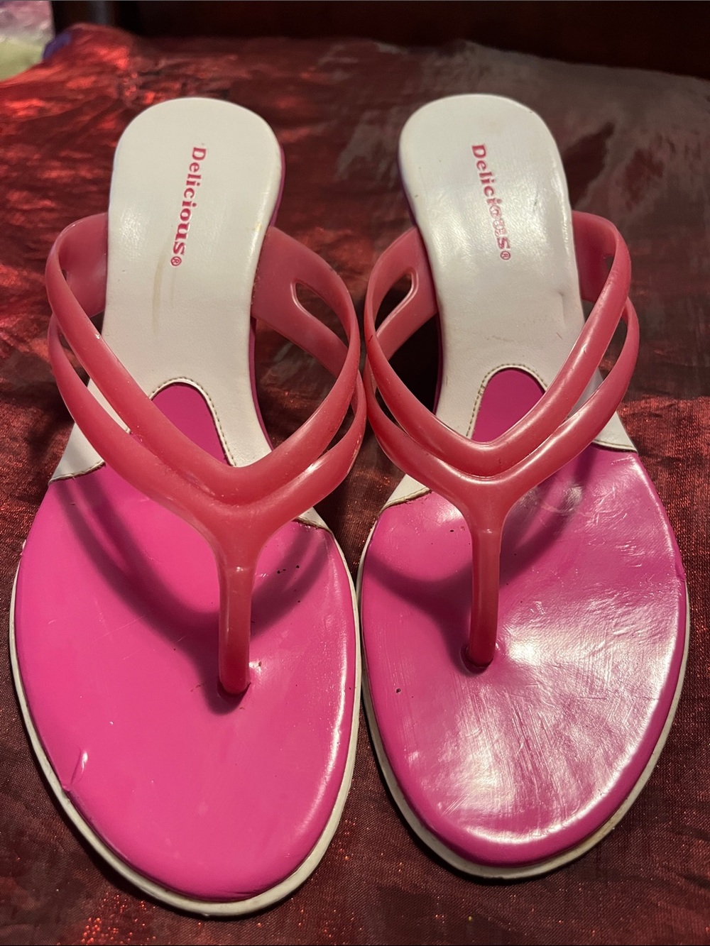 Delicious Hot Pink Patent Thong Sandals for Women